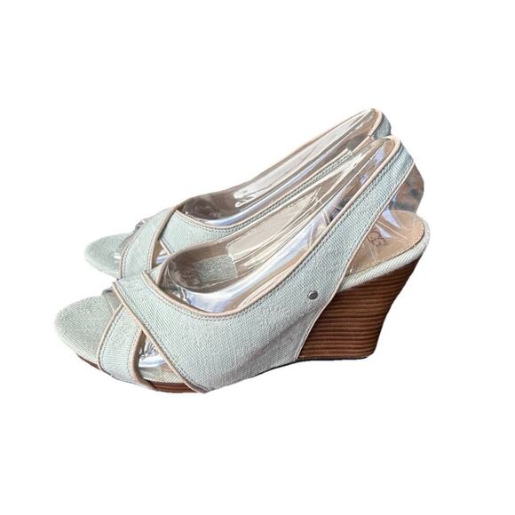 Ugg Hazel Cream Denim Slingback Wedge Heel Size 7 Women’s Peep Toe - Picture 1 of 7